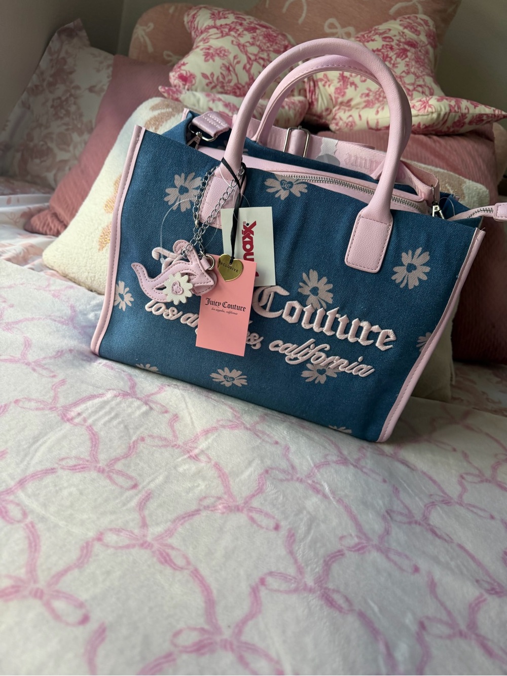 Juicy Couture Blue Canvas Floral Tote with Pink Trim - Picture 2 of 11